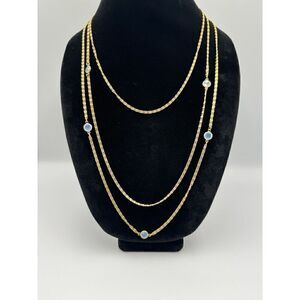 Vintage Goldette Triple Strand Gold Tone Bezel Set Opaline Station Necklace